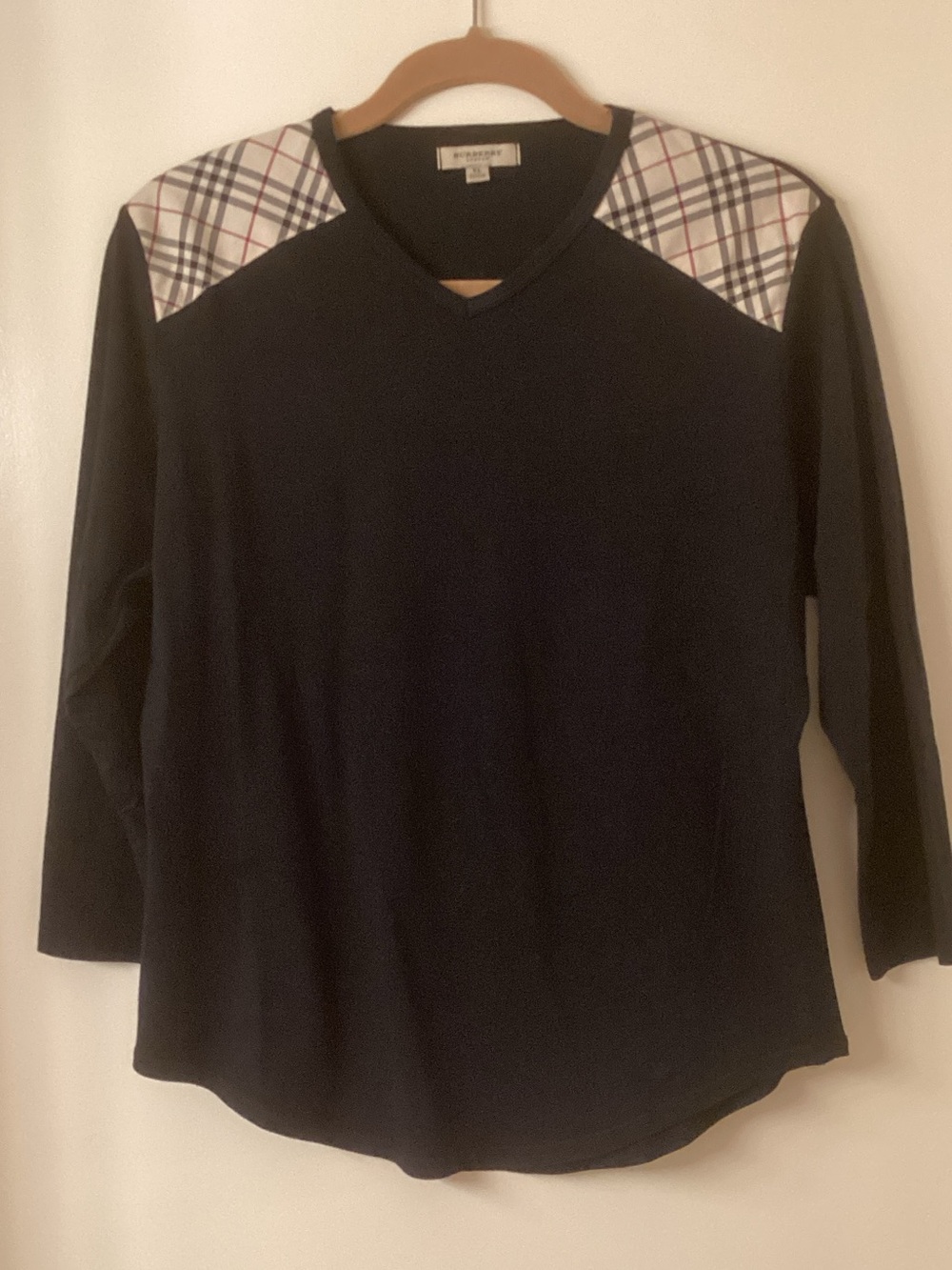 Burberry Black V-Neck 3/4 Sleeve Top with Signature Check Shoulder Insets